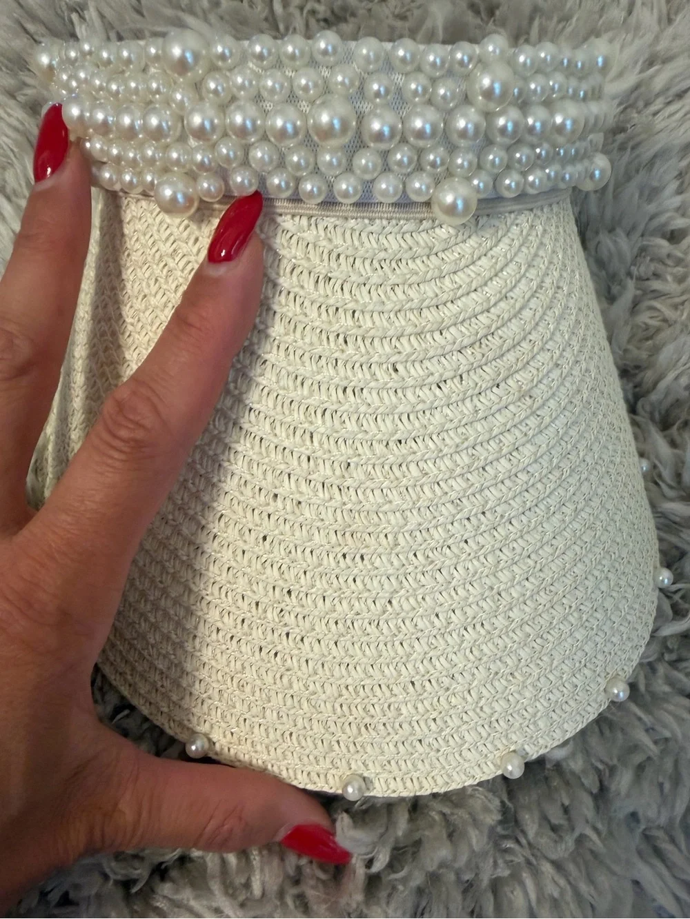 High quality Pearl-Embellished Straw Visor Hat - Cream
